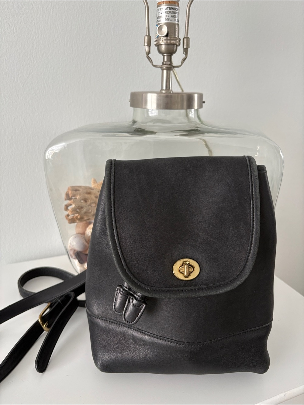 Vintage Coach Black Leather Backpack Purse with Gold Turn-Lock